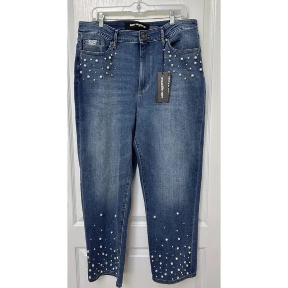 KARL LAGERFELD PARIS High Rise Embellished Skinny Jeans Coastal Blue Wash 16 New